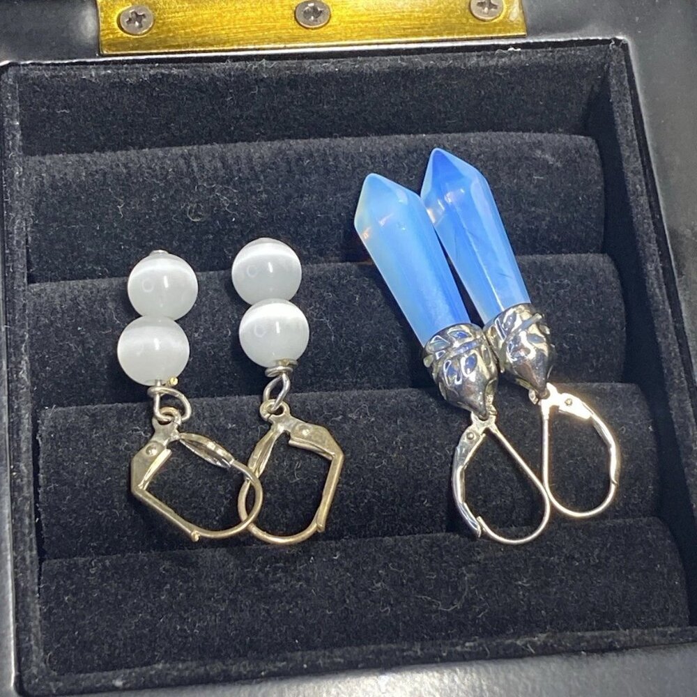 925 Sterling Silver Earrings Lot Opalite Prism Cat Eye Glass